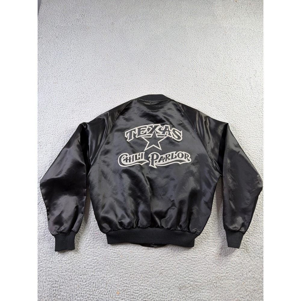 VTG 80s Texas Chili Parlor Austin Texas Satin Bomber Jacket Mens MED Made In USA